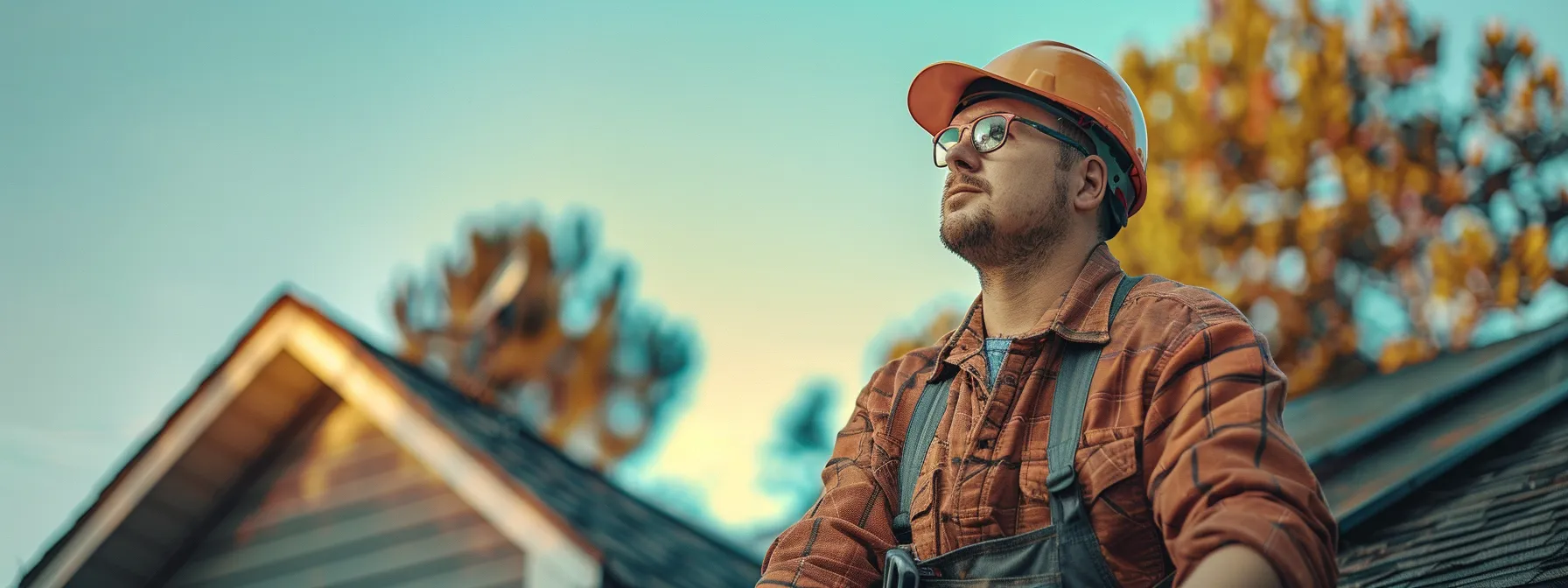 a roofer inspecting a roof with a homeowner looking on attentively.