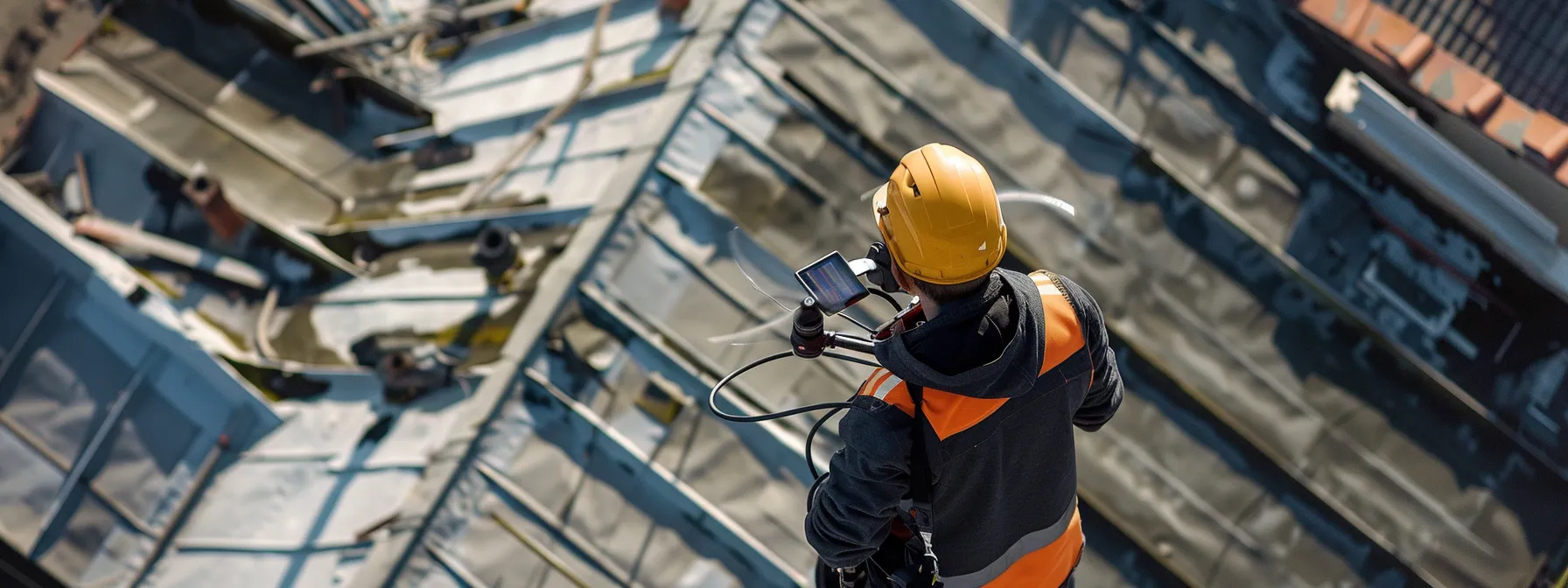 a technician using a drone to inspect a roof from above, capturing detailed imagery in hard-to-reach areas for precision analysis.