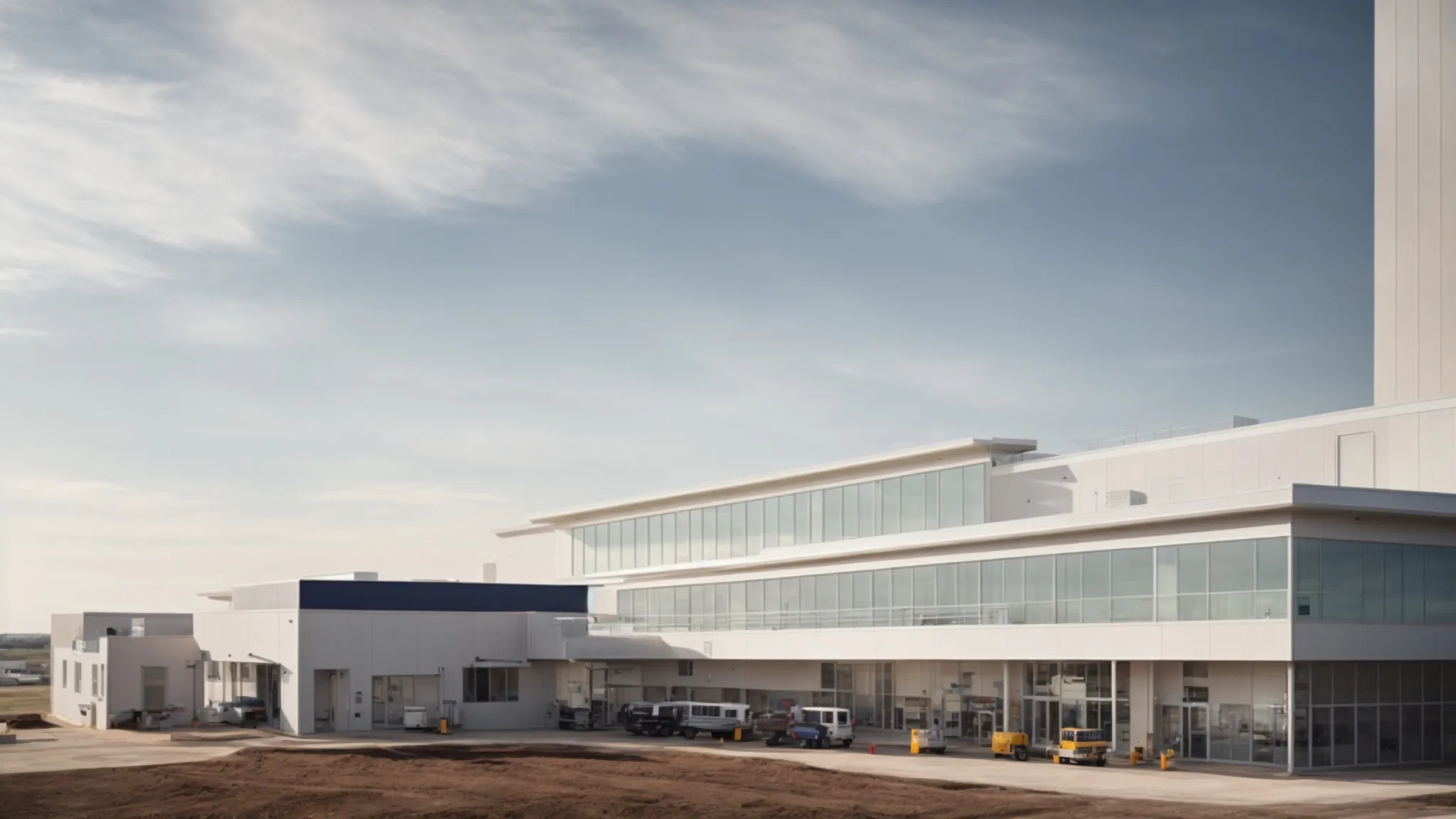 a panoramic view of a commercial building under a clear sky, with professionals consulting on a roofing project.