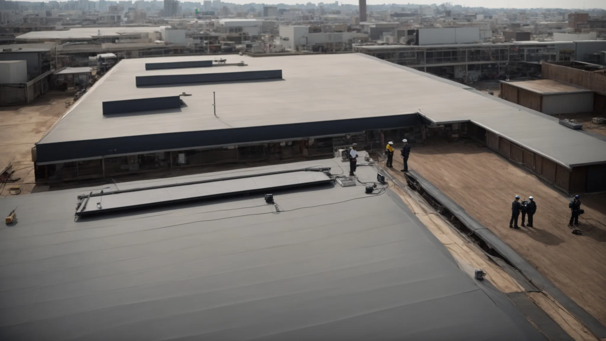an expansive commercial rooftop being expertly inspected by uniformed professionals.
