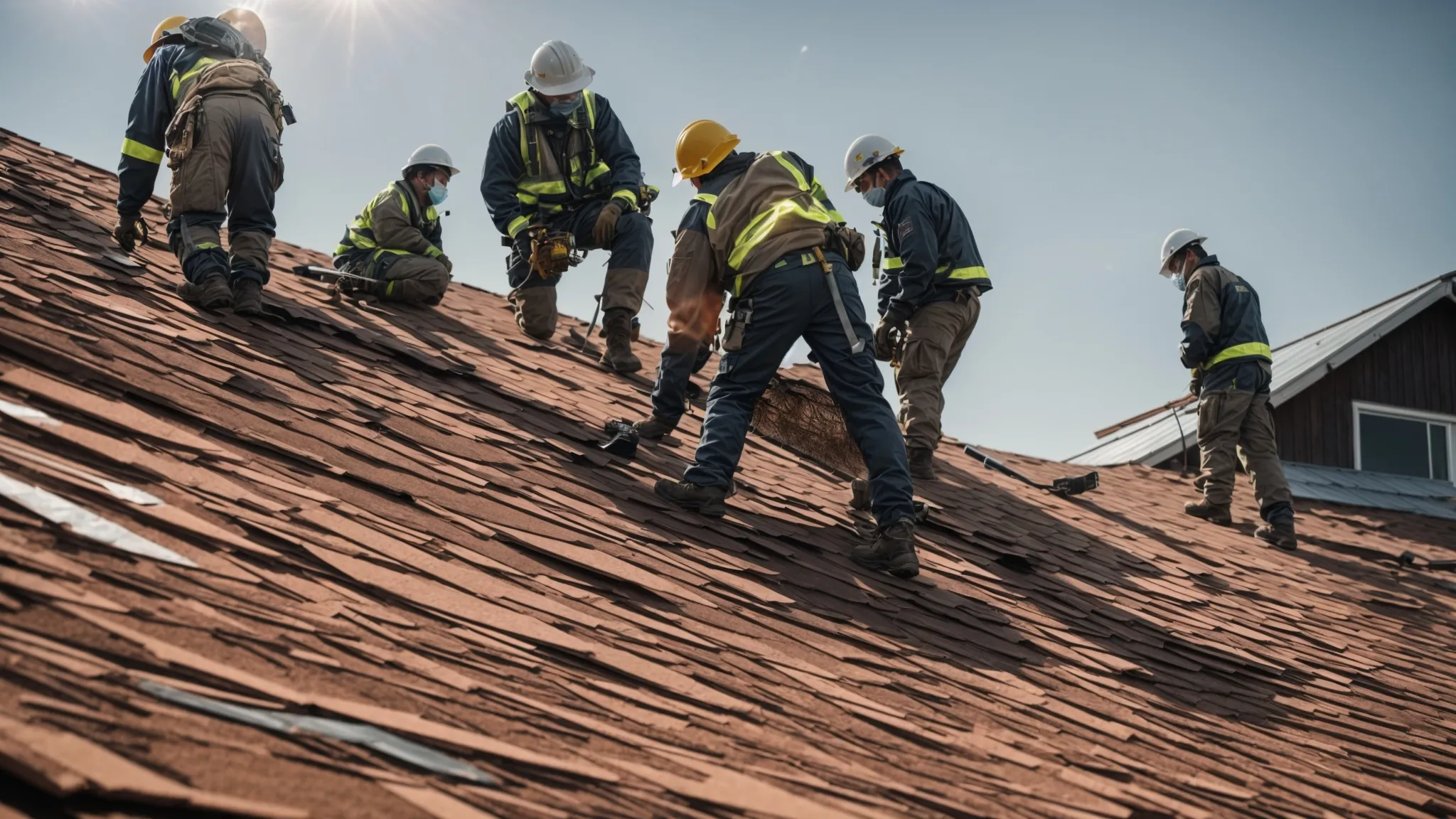 a team of workers in protective gear is fixing shingles on a large pitched roof under a clear sky.