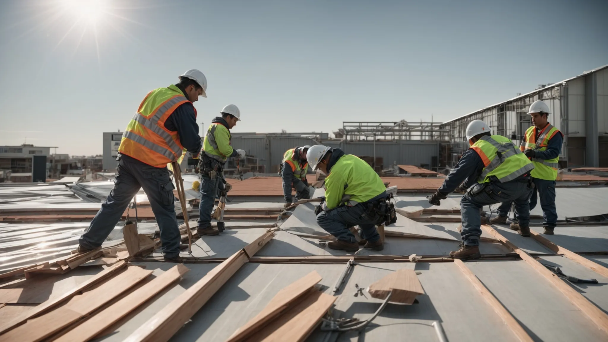 a team of skilled roofers is meticulously installing a new roof on a large commercial building, under a clear sky.