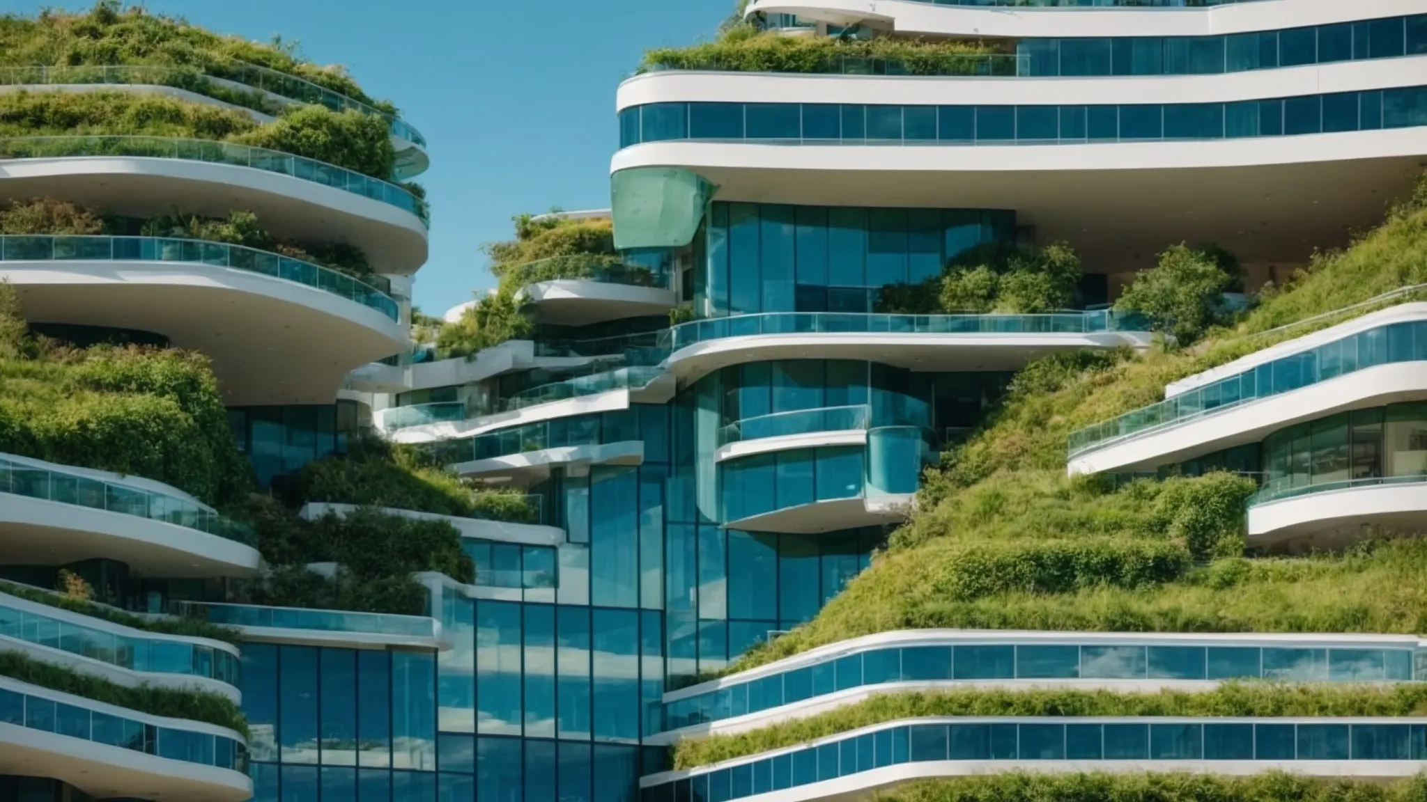 a commercial building with a green roof under a clear blue sky, symbolizing sustainable construction practices.