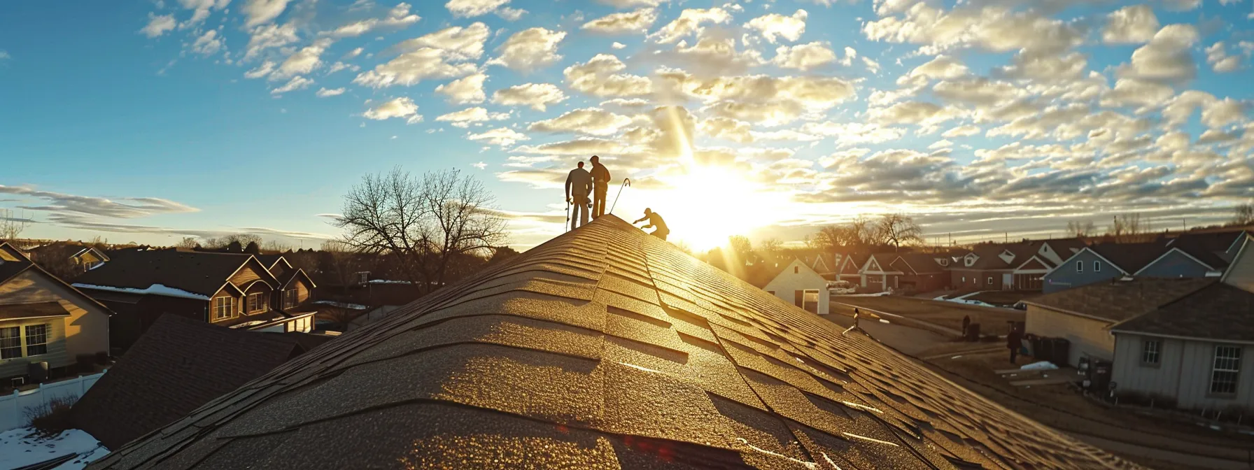 a professional team from alpha roofing diligently repairing a perfectly shingled roof under a clear topeka sky.