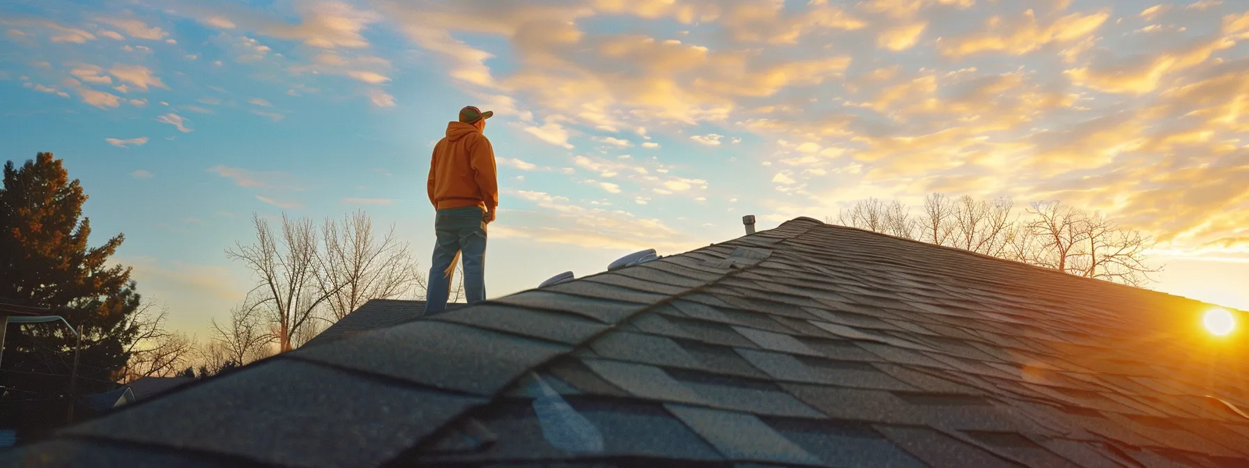 a skilled roofer examining a sturdy asphalt shingle roof under a bright topeka sky.